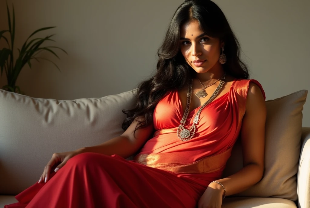A Tamil curvy amateur woman ((3)) wears a saree with bras and thin long body chain and doing different posing in the couch, the face and skin is highlighted using natural light sources; long black hair free hair style.