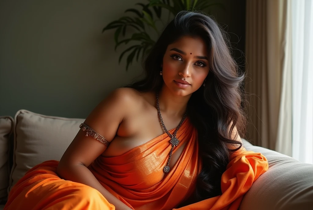 A Tamil curvy amateur woman ((3)) wears a saree with bras and thin long body chain and doing different posing in the couch, the face and skin is highlighted using natural light sources; long black hair free hair style.