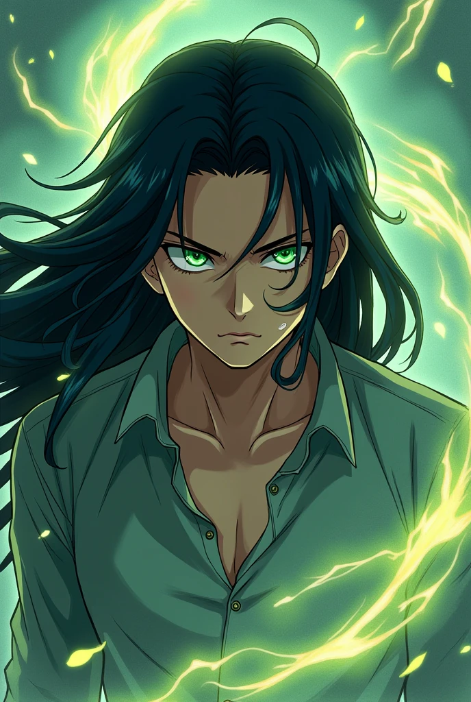 Anime boy with long black hair, green eyes, with mental power