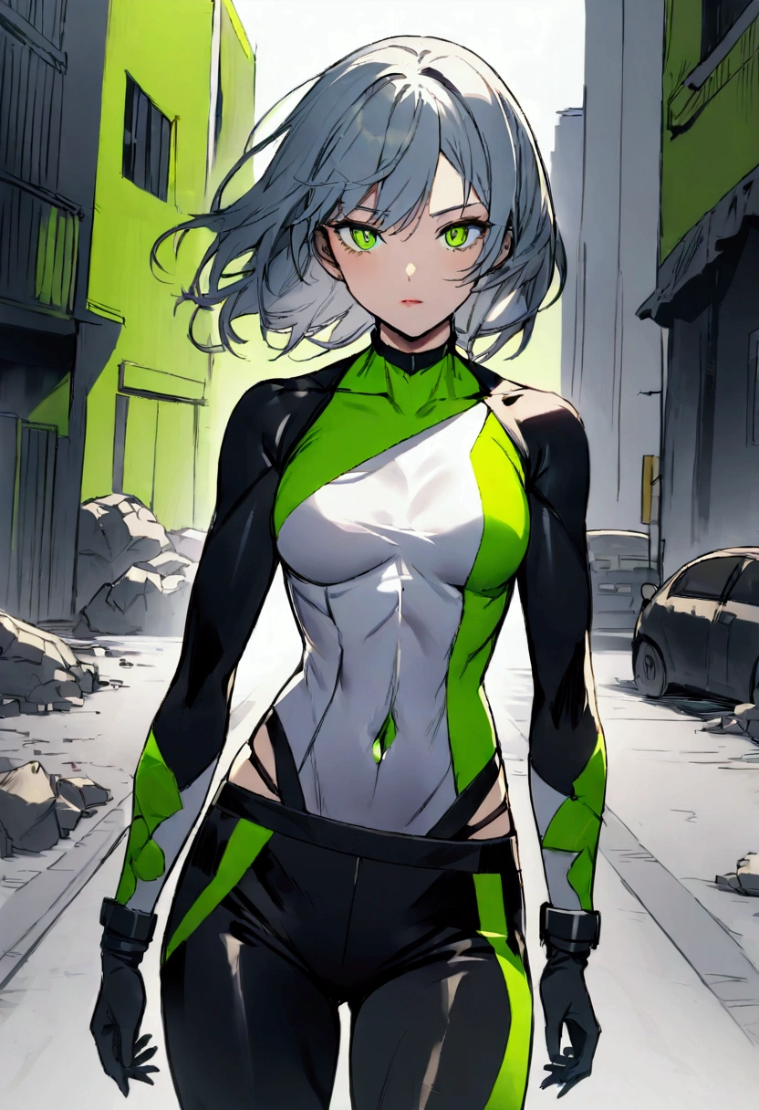 girl with a slim, athletic figure, marked by the need to survive in a harsh city. Her hair is short and vibrant green, with brightly colored streaks that reflect her rebellious and creative spirit. Her eyes are a steel-gray hue, deep and full of determination. Her skin is fair, though often marked by the dust and dirt of life on the streets. She wears broken clothes that show part of her body