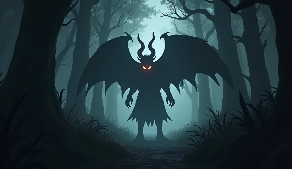3D animated style image of A devil with twisted horns, large spread wings and flaming eyes, seen in the distance in a dark, thick and gloomy forest. Its silhouette is silhouetted against the gloom, standing out among the tall, shadowy trees that surround it. The forest is dense, with deep shadows that hide details, and the devil seems to emerge from the darkness, creating a scene full of mystery and terror.