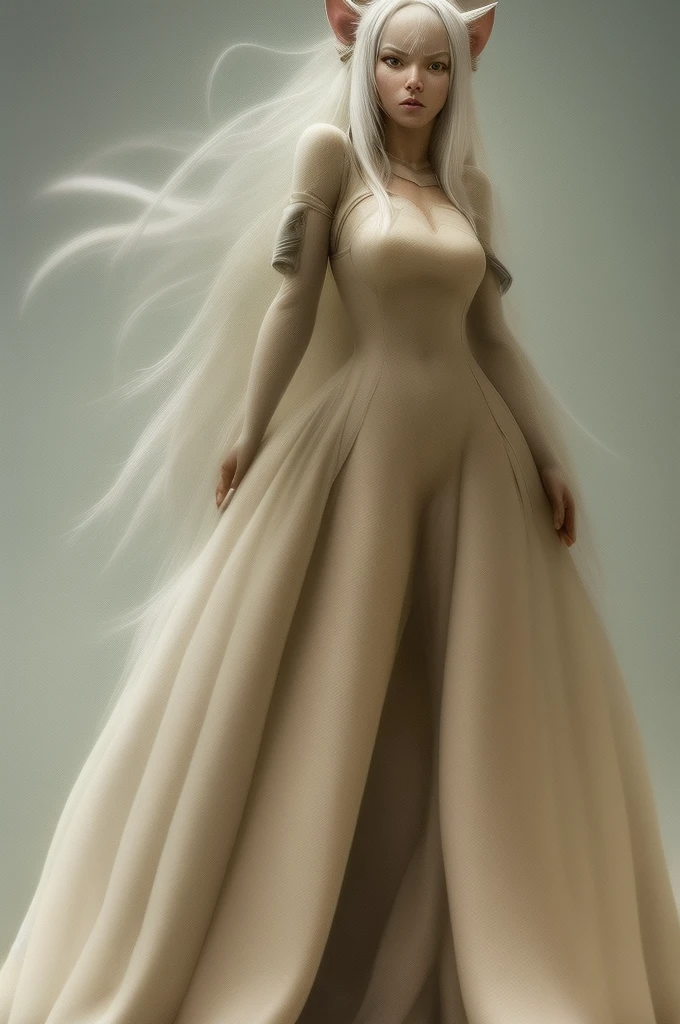 Anime White Cat Eared Woman,yellow eyes, White hair, with transparent white wedding dress, her body is sculptural and magnificent, extremely detailed,