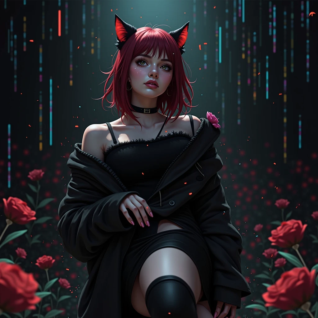 (masterpiece, top quality, best quality, official art, beautiful and aesthetic:1.2), 1girl, red hair, cat ears, (glitch art), (digital distortion), pixelated fragments, data corruption,colorful noise, visual chaos,contemporary aesthetics