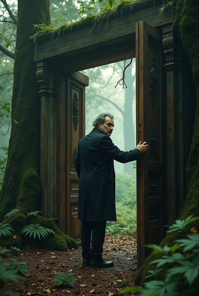 Emil Cioran opening a door in the forest