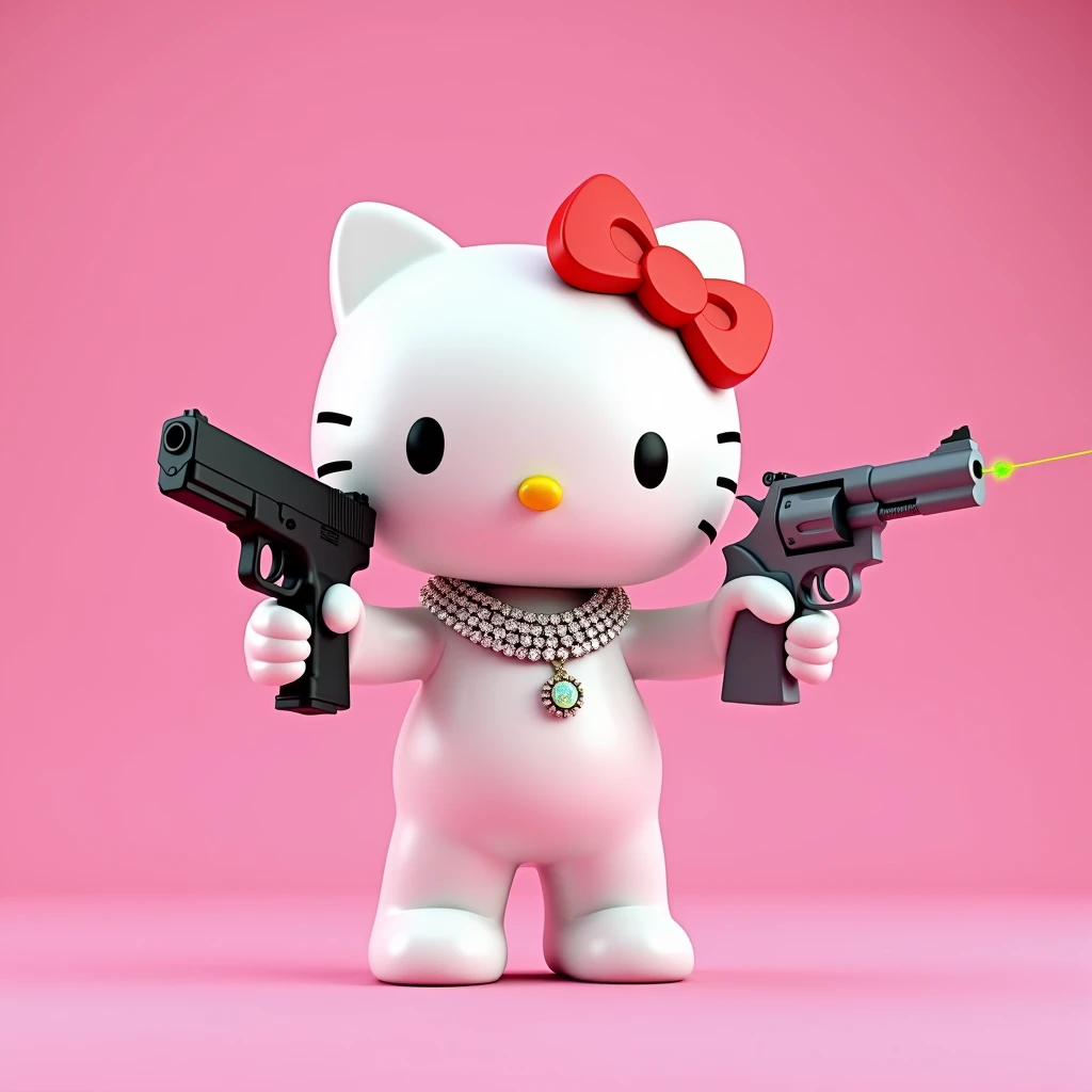 (Hello Kitty white) (3D format) (empty pink background) She has some diamond Cubans on her neck, In his left hand he has a black Glock with a very powerful green laser., and in the other right hand he has a model 38 revolver, color gris (He is pointing the .38 revolver at the sky)