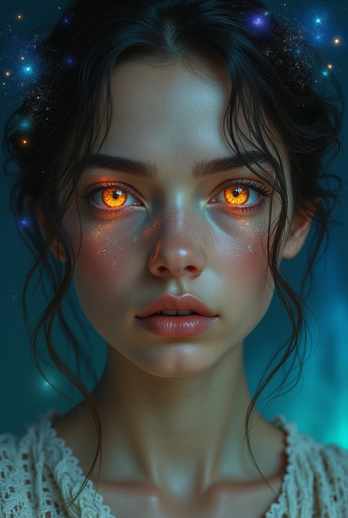 Her eyes are the aurora borealis, her eyes are the light, the sun and the moon eonardo da vinci style
