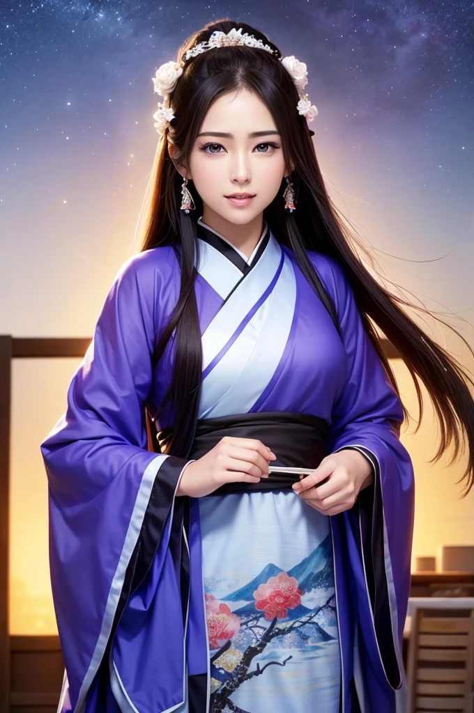 Starry sky landscape、shooting star、Outdoor、 (Highest quality,4K,8k,High resolution,masterpiece:1.2)、Very detailed, High resolution,、Hyper HD、Studio Lighting、Ultra-fine painting、 Sharp focus、 Physically Based Rendering、 Very detailed説明、 Professional、 Vibrant colors、Traditional Chinese Painting Techniques、 Atmospheric lighting、 Vivid color contrast、 Ethereal atmosphere、Very detailed目と顔、 Beautiful attention to detail、 Light on the face、Hanfu 、(Hanfu: 1.1)、、Eyes are green、Slim figure、Small breasts