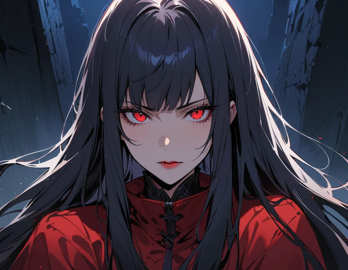 Long dark hair, dark eyes, evil, black and red clothes, evil face, evil, gloss lips, sinister, front look, bloody, gloves, close up, portrait, beautiful eyes, big white, dark place, night, sensual, straight hair cut, clear skin, evil, young 30 years girl, adult girl, solo, red, very long hair, ankle length hair, handsome older WOMAN,red pupils,Long dark blue hair,Hyperresolution,accuracy,Detailed rendering,(Image of fine hair)(topquality)(Masterpieces of masters)(High degree of completeness)(A sense of atmosphere)tmasterpiece,Super detailed and super detailed(((full-body)))(((Loose fur fighter outfit))) (((Soft expression)))(((ankle length dark blue hair)))