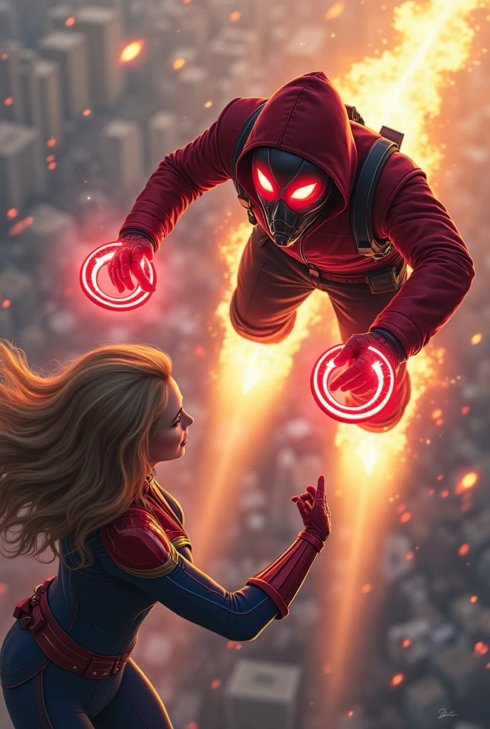 Young Star-lord with red hoodie, headphones, star-lord helmet, gas helmet, covered mouth, round red eyes, Red eyes, magic rings in the hands and rocket boots, Vs, Capitana marvel (), Fighting, power, fiction, full body, 3 persons, magic lasso, hight, fall, fire in boots, poweful spells, fighting, realistic, helmet, mask, punch, gun, flying in the sky, view of the city from above, hug