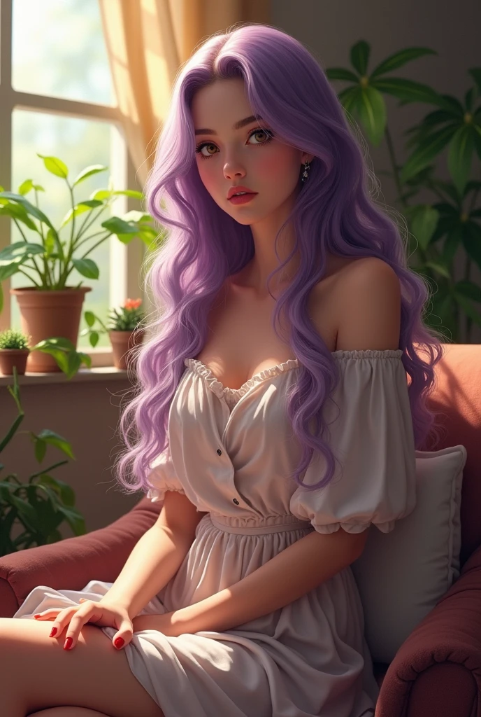 (photorealism:1.2), beautiful woman, wearing loose off-shoulder top, skirt, long curly hair, indoors, soft lighting, plants in background, window with sunlight, cozy room, relaxed pose, realistic, intricate details, warm colors, by Greg Rutkowski, by Alphonse Mucha, anime, purple hair,