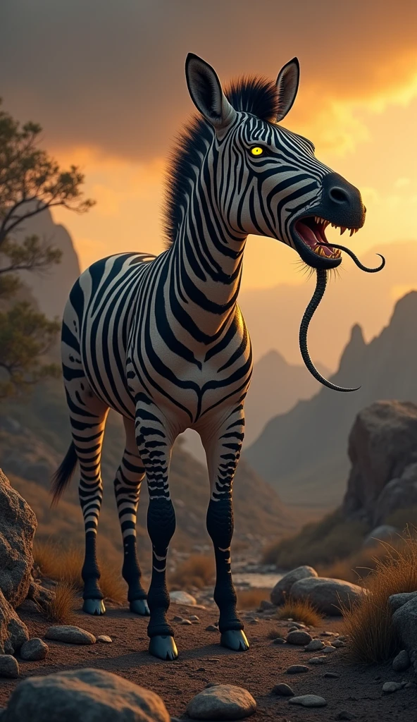 This is a digital image of the body of a zebra with the head of a white-toothed viper walking on rocky ground. The viper is facing the right side of the image, with its mouth wide open, releasing sharp teeth and sharp claws. And its eyes are yellow. The background is a dark orange sky from sunset. The land is covered with rocks and boulders and there are some trees and mountains in the distance. The general feeling of the image is fierce and powerful.