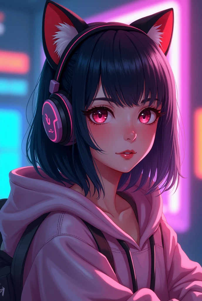Gamer girl in a hoodie with cat ears and hair just below her shoulders
