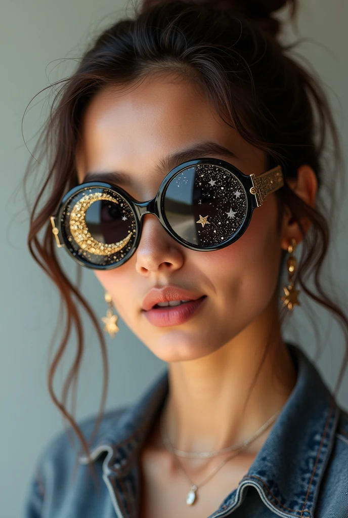 The model is wearing glass sunglasses with stars and the moon on the glass