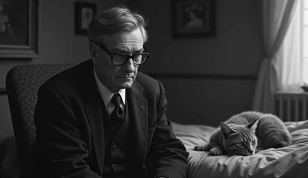 Black and white image of a thin, elderly man with a serene and contemplative expression. He has short, dark hair, a little gray, no beard, and is wearing a classic 1930s suit, with small, square prescription glasses and a discreet tie. Cayce is with a cat near death in a bed from the same decade in an environment that looks like a house from that time. The soft, diffuse lighting highlights his face, transmitting an aura of wisdom and introspection. The scene has a nostalgic and mysterious tone, reflecting the enigmatic character of Cayce trying to save the cat and a woman asking Cayce for help.