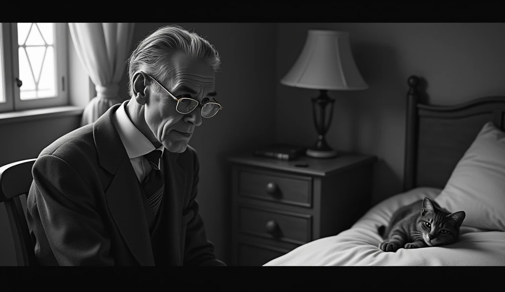 Black and white image of a thin, elderly man with a serene and contemplative expression. He has short, dark hair, a little gray, no beard, and is wearing a classic 1930s suit, with small, square prescription glasses and a discreet tie. Cayce is with a cat near death in a bed from the same decade in an environment that looks like a house from that time. The soft, diffuse lighting highlights his face, transmitting an aura of wisdom and introspection. The scene has a nostalgic and mysterious tone, reflecting the enigmatic character of Cayce trying to save the cat and a woman asking Cayce for help.