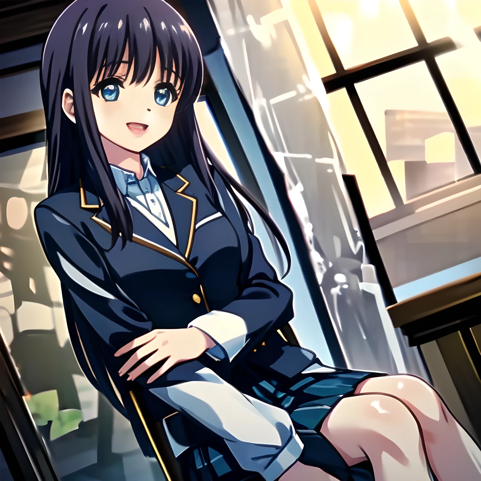 (highest quality, masterpiece, Full HD, High definition: 1.2), (Japanese Game CG art of beautiful giggling seated girl, charming me: 1.3), (Just one very beautiful date-game heroine who is looking and laughing at me, Very detailed cute yo heroine's eyes and face, Beautiful eyes with detailed: 1.0),  (Girl whom everyone loves because of her beauty and lovely fashion and noble manner. : 1.0),  (Very beautiful, wavy, cutely shining super-super-long blue hair, with elegant hair ribbons, spreading on whole the screen: 1.0), (Laughing very beautiful and lovely sapphire-blue intelligent eyes which charms and enslave me inevitably, with clearly detailed: 1.4), (Eyes are clearly detailed), (very long eyelashes: 1.0), (Noble black neat sailor-styled formal school uniform with a noble expensive ribbon on the chest: 1.0), (Charming neat blue & navy tartan-checkered pleated long school skirt: 1.2),  (Soprano singer of classic music: 1.0), (Can't stop giggling: 1.6), Clear skin