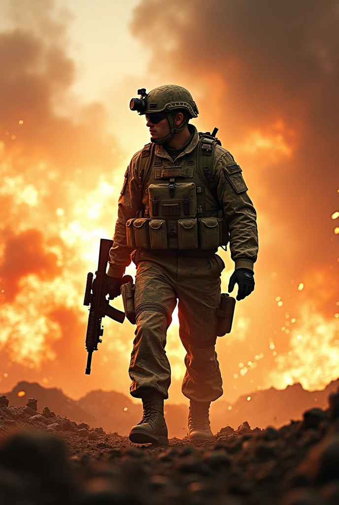 Photorealism 1.4 realistic realism high detailed definition create for me movie poster 6 commando on the centre background explosion shooting action smoke effect with backpack woodland camouflage uniform M4 carbine rifle with scope