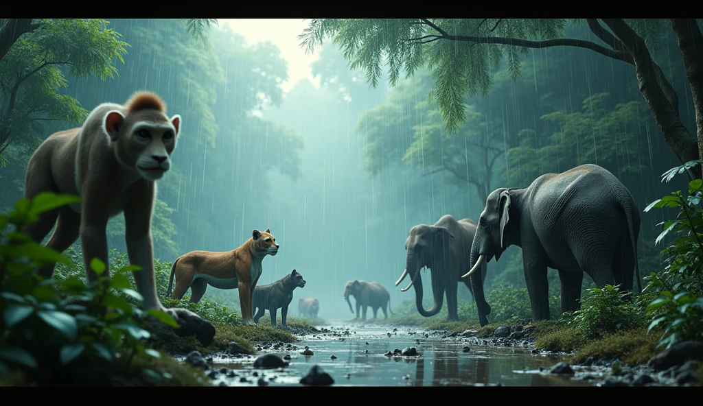 In 3D animation.Describe how the jungle animals react differently to the storm.