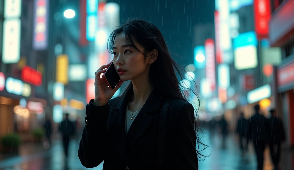 Asian woman 30 years old long black hair talking on a cell phone walking sideways profile on the streets of Tokyo at night in the rain wearing black clothes