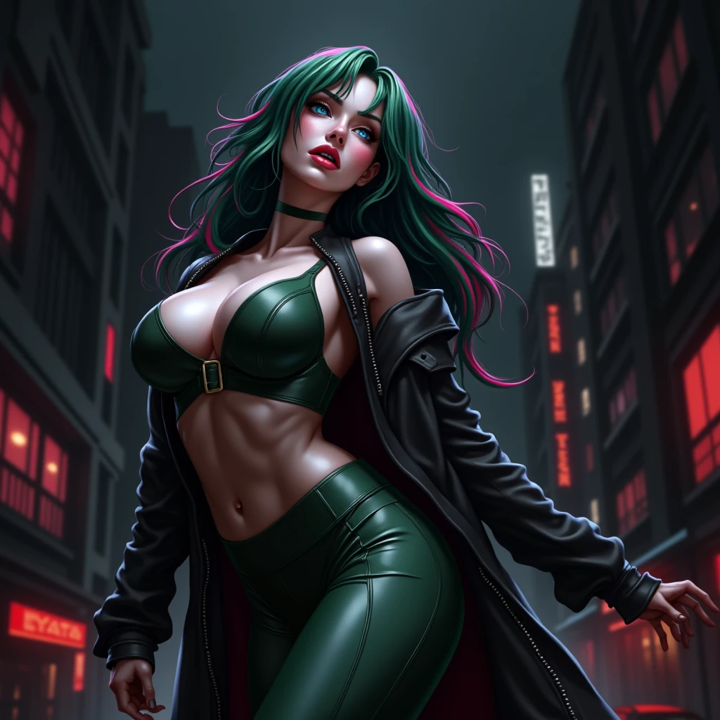 A highly detailed, realistic portrait of a woman with green hair with pink locks, blue eyes, in a modern cyberpunk setting, (best quality,4k,8k,highres,masterpiece:1.2),ultra-detailed,(realistic,photorealistic,photo-realistic:1.37),1girl,beautiful detailed eyes,beautiful detailed lips,extremely detailed eyes and face,longeyelashes,beautiful woman,green hair with pink highlights,blue eyes,anime style,futuristic city background,neon lights,cyberpunk,moody lighting,dramatic shadows,vibrant colors,cinematic composition