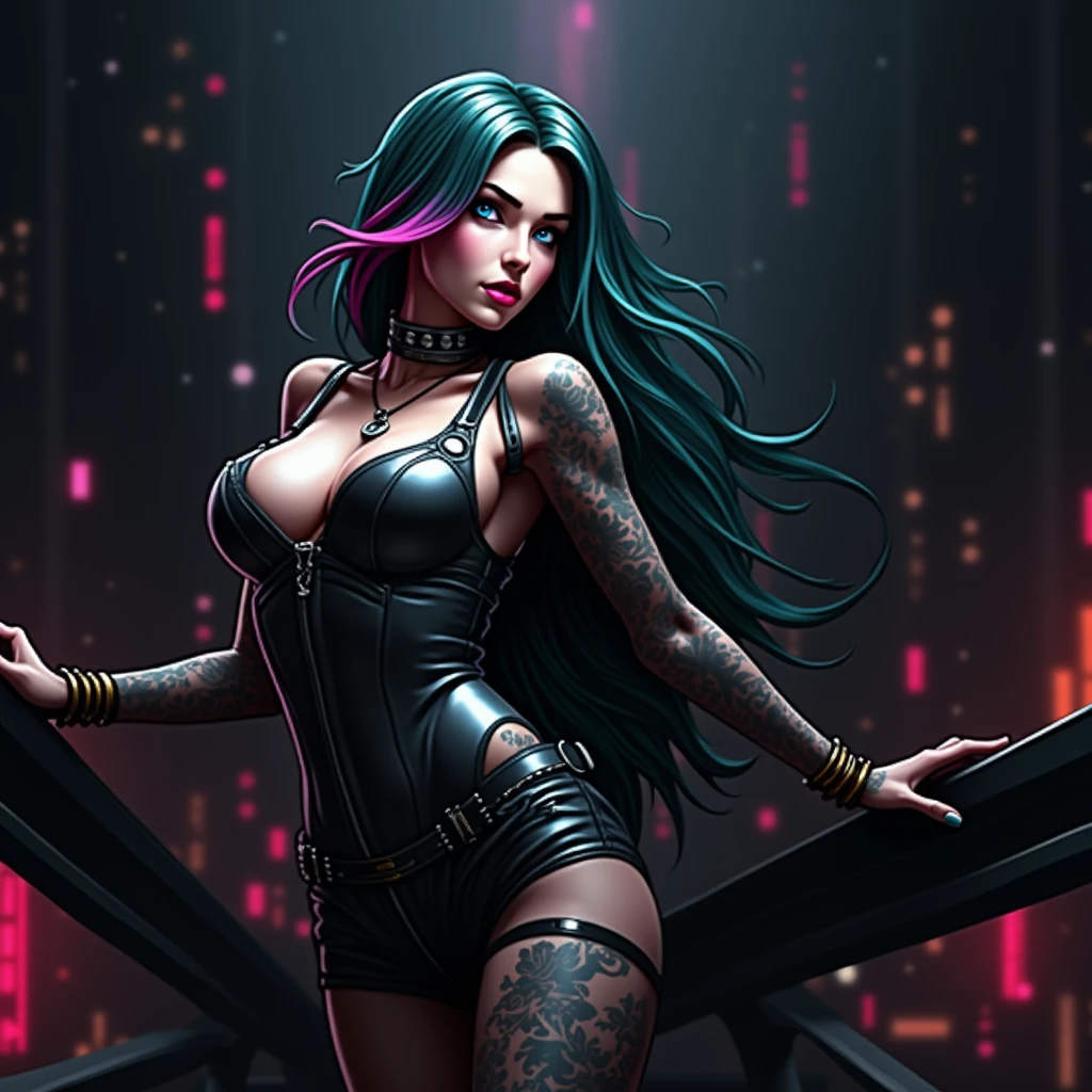 A highly detailed, realistic portrait of a woman with green hair with pink locks, blue eyes, in a modern cyberpunk setting, (best quality,4k,8k,highres,masterpiece:1.2),ultra-detailed,(realistic,photorealistic,photo-realistic:1.37),1girl,beautiful detailed eyes,beautiful detailed lips,extremely detailed eyes and face,longeyelashes,beautiful woman,green hair with pink highlights,blue eyes,anime style,futuristic city background,neon lights,cyberpunk,moody lighting,dramatic shadows,vibrant colors,cinematic composition