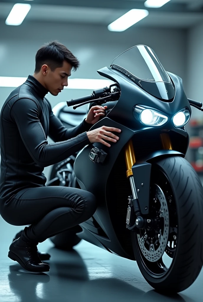 Create a realistic avatar image, fixing the wheel of a futuristic motorcycle