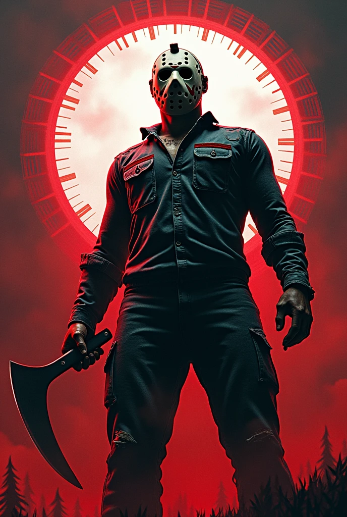 Jason Voorhees with red white black colors and round stadium behind. And written sentence "Sou Jason"
