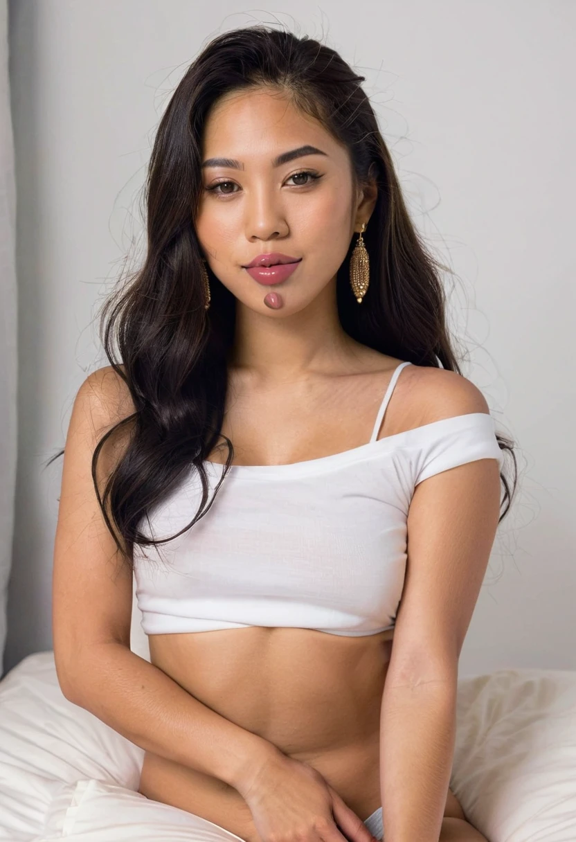 Draw me a Latina, Brazilian, mixed-race Japanese woman, , a full body, upper middle class girl, in her 20s, sexualizing but not showing anything explicit, preferably in bed, a full-body image, which you can wear in profile, something from the thighs slightly looking away from the camera, tongue sticking out