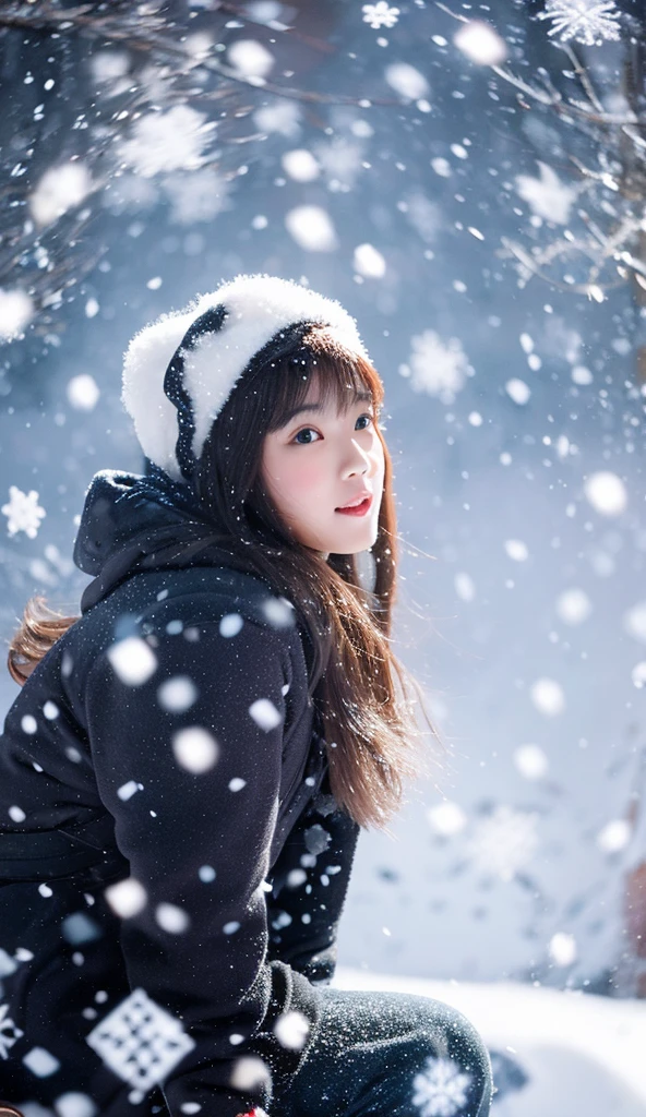 An Asian woman sits amidst a large number of snowflakes in a snowstorm valley, with a large, fat white tiger leaping towards her behind her.