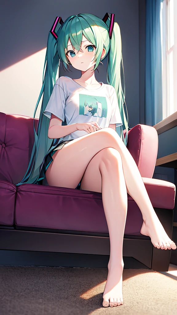 home background,hatsune miku sit on sofa, short skirt,short t-shirt,crossed legs,angle view