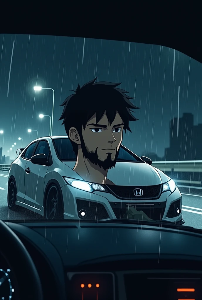 Anime style image of a boy with a black beard speeding in a white 2014 Civic lowrider on a bridge on a rainy night. An image that evokes loneliness.