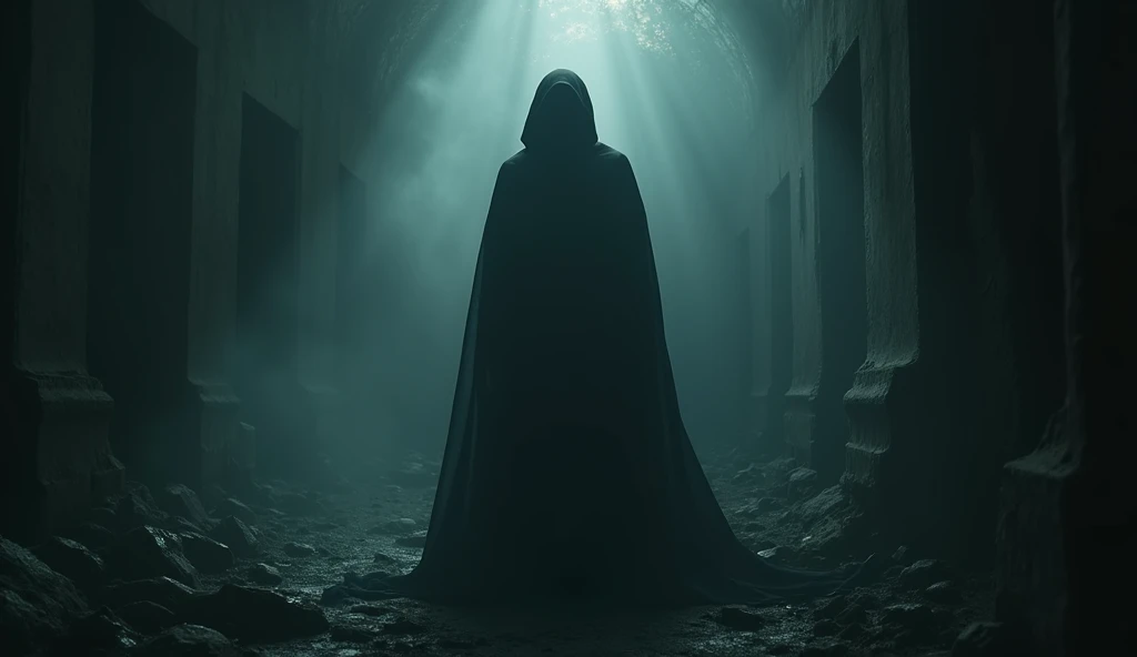 A mysterious and intense image of a Scorpio figure in a dramatic, shadowy setting, perhaps exploring an ancient ruin or deep forest, reflecting their depth and passion. The mood should be enigmatic and intense. --ar 16:9