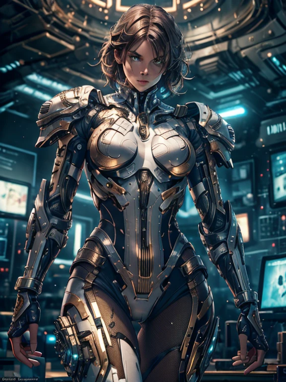 masterpiece, best quality, ultra realistic, hyper-detailed, 8k resolution, RAW photo, champion, sharp focus, Lauren Cohan, (1girl), solo, gorgeous face, perfect body, young female, 25yo, portrait, mecha, white armor, nanosuit, sexy, golden brown messy hair, round breasts, wide hips, slim athletic body, thick thighs, cinematic, cinematic light, dark theme, "looking at the viewer"