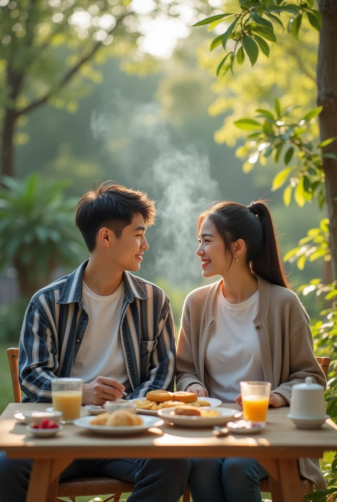 A young man shorty black messy haircut, wear t-shirt jacket strip jeans pant, sit down while crossed both legs in chair outdoor yard ordinary house him, on beside him a young beauty woman ponytale hair, coffee mix, fried cake, milk juice pack, all in table both of them is feeding, natural, thin smoke, sweetly smile, morning, lighting lamp, leafy plants around his house, fresh the air, real hyper realistic, real human japanese, UHD 8k, detailed photo, perfect face, detailed places, landscape, full body, photo was taken from a facial forward on outdoor yard ordinary house him