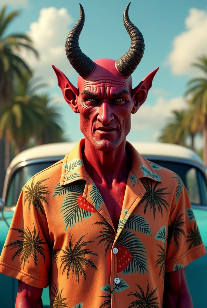 Create an image of the devil with a Hawaiian shirt printed with a palm tree and an American car, hornless (without red face)