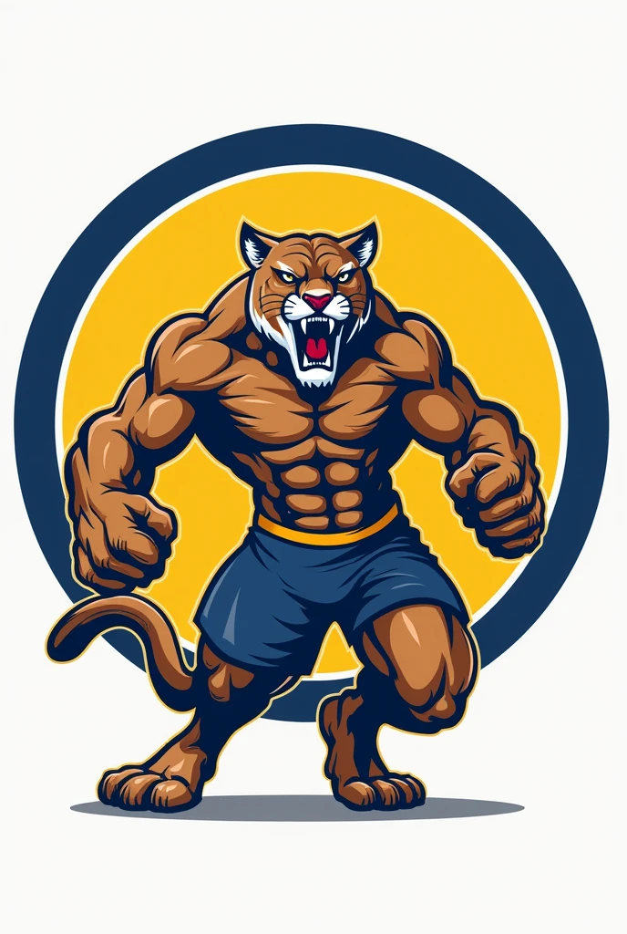 create an illustration for university athletics, use the size accepted for graphics. The frame border needs to be circular, Inside the frame, put an anthropomorphic and hypertrophied puma, centralized, From the waist up, the left arm must be flexed, displaying the muscles, the right arm stretched out, the expression is one of ferocity, aggressiveness, showing teeth, in a way that demonstrates grandeur, make her hairy. use yellow colors in the composition, blue and white. the puma is a feline with brown fur/brown skinned, do it using shorts.