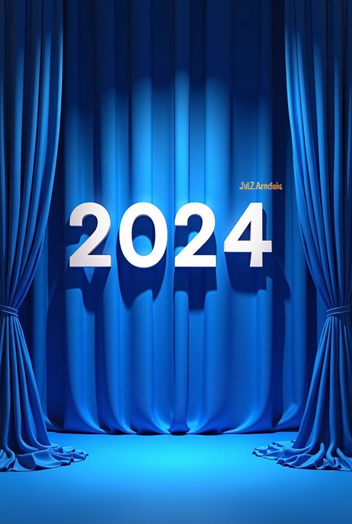 Generate an image that will be from the 2024 graduation. There will be a 3 meter by 3 meter blue curtain in the background.. And on the curtain there will be all the letters of the alphabet shuffled on the left side going up and forming the writing "formistas" and on the other side there will be all the numbers from 0 to 9 shuffled on the right side going down and forming 2024.