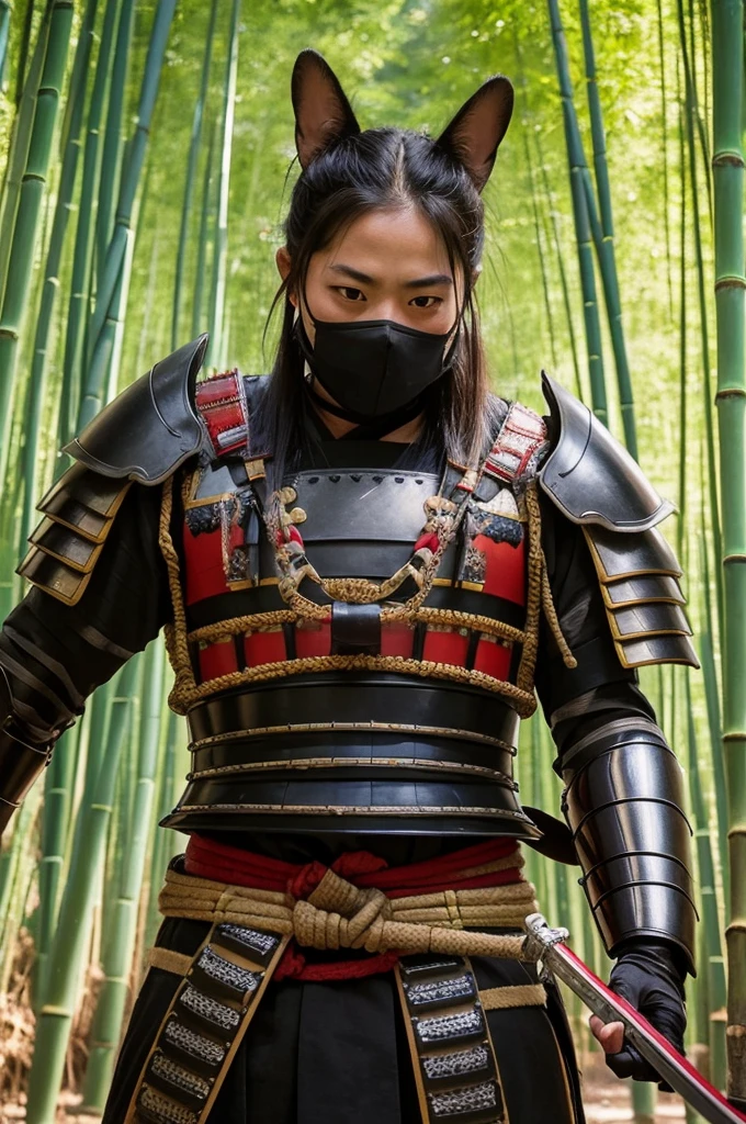 A samurai with a chihuahua face wearing Japanese armor、Drawing a sword in a dense bamboo forest