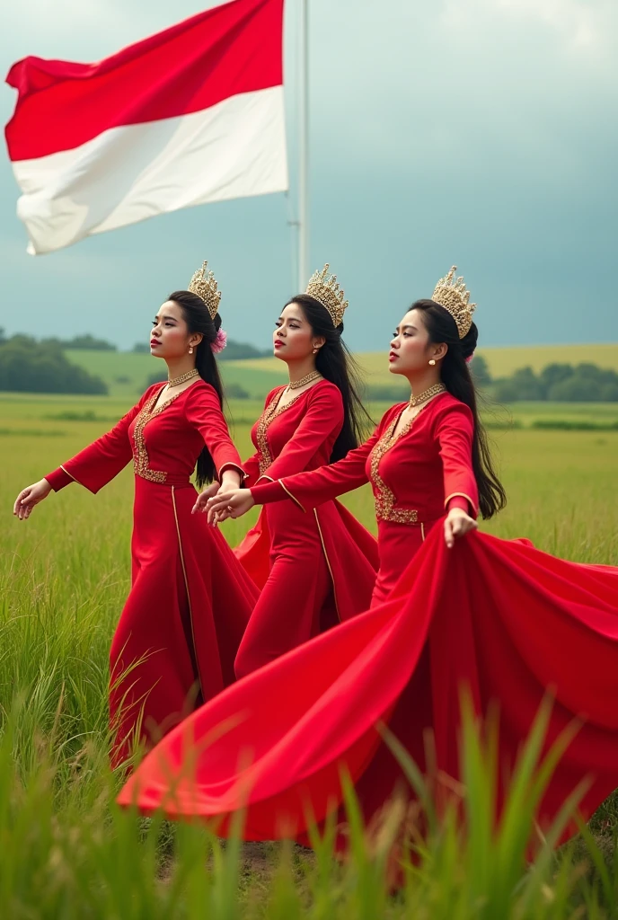Photoshot of 3 beautiful women wearing a red and white dress and wearing mah kota ratu with a beautiful face dancing in a green and wide meadow and holding a long red and white cloth. And there is a red and white flag with the name INDONESIA and a long cloth is being played with by the wind.