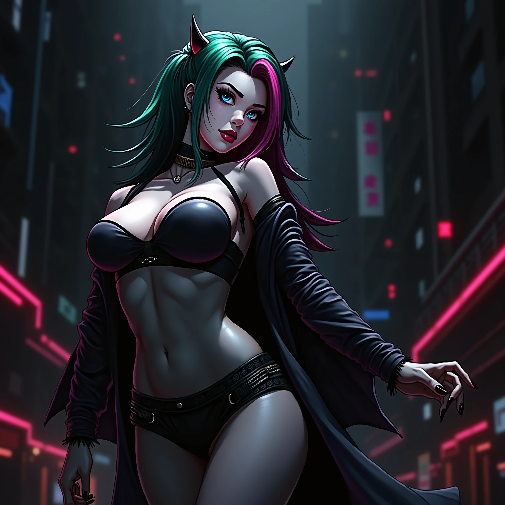 A highly detailed, realistic portrait of a woman with green hair with pink locks, blue eyes, in a modern cyberpunk setting, (best quality,4k,8k,highres,masterpiece:1.2),ultra-detailed,(realistic,photorealistic,photo-realistic:1.37),1girl,beautiful detailed eyes,beautiful detailed lips,extremely detailed eyes and face,longeyelashes,beautiful woman,green hair with pink highlights,blue eyes,anime style,futuristic city background,neon lights,cyberpunk,moody lighting,dramatic shadows,vibrant colors,cinematic composition