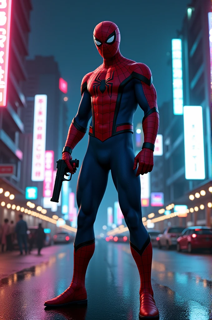 The spider man standing up on road and hold one hand gun in Thailand city at night black red neon lights