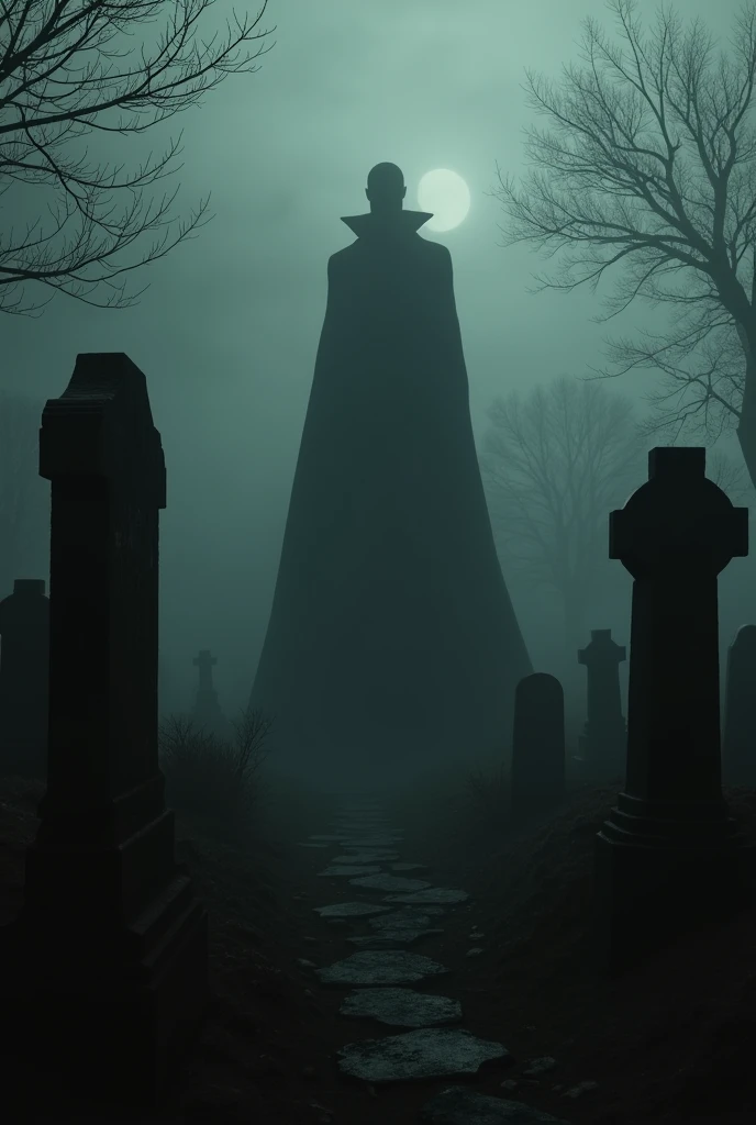 **Prompt**: "Create an eerie, atmospheric image for a Story inspired by the song 'Bela Lugosi's Dead' by Bauhaus. The scene should depict a haunting, dark setting, reminiscent of old horror films. Include elements such as a foggy graveyard with ancient, crumbling tombstones, and a silhouette of a tall, imposing figure resembling a classic vampire. The overall color scheme should be monochromatic, with shades of black, gray, and deep red, to evoke a sense of dread and mystery. The image should ca
