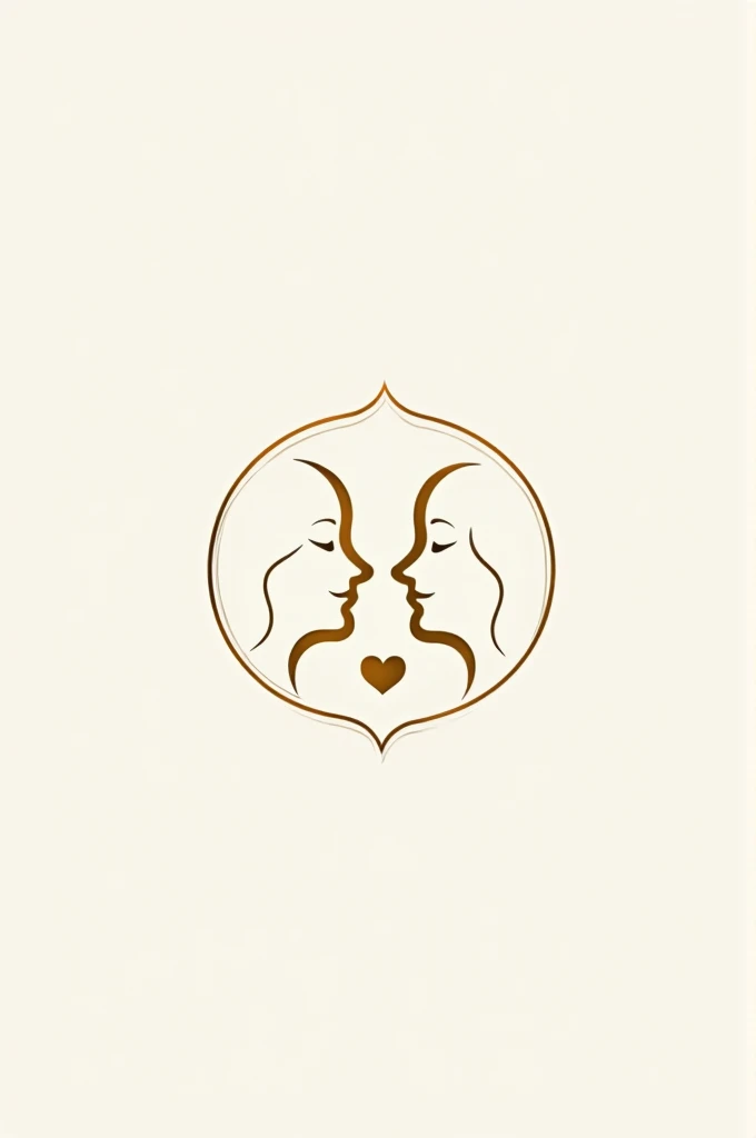 Make me a logo for a nursing clinic specializing in transgender people, that has two faces in profile, one with its back to the other, with a heart in the middle, delimited by a golden circle, make it minimalist, with fine lines and light colors, aesthetic and elegant.