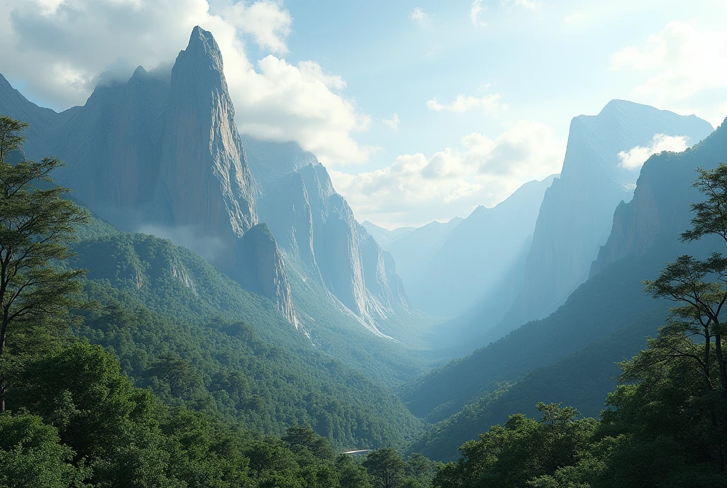 Create a stunning, hyper-realistic, AI-generated artwork of a mountainous natural habitat. The scene should feature multiple mountains in the background, creating a dramatic and expansive landscape. The sky should be overcast with clouds, adding a sense of atmosphere and depth to the scene. The surrounding vegetation should be lush and green, reflecting a rich, verdant environment.

Emphasize details such as the rugged terrain of the mountains and the dense foliage. The lighting should be soft and diffused, reflecting the cloudy sky and enhancing the natural beauty of the mountainous backdrop.

The style should be hyper-realistic yet artistic, capturing the grandeur and serenity of this elevated, natural setting. The final artwork should be high-resolution and visually striking, showcasing the impressive landscape and its atmospheric elements.