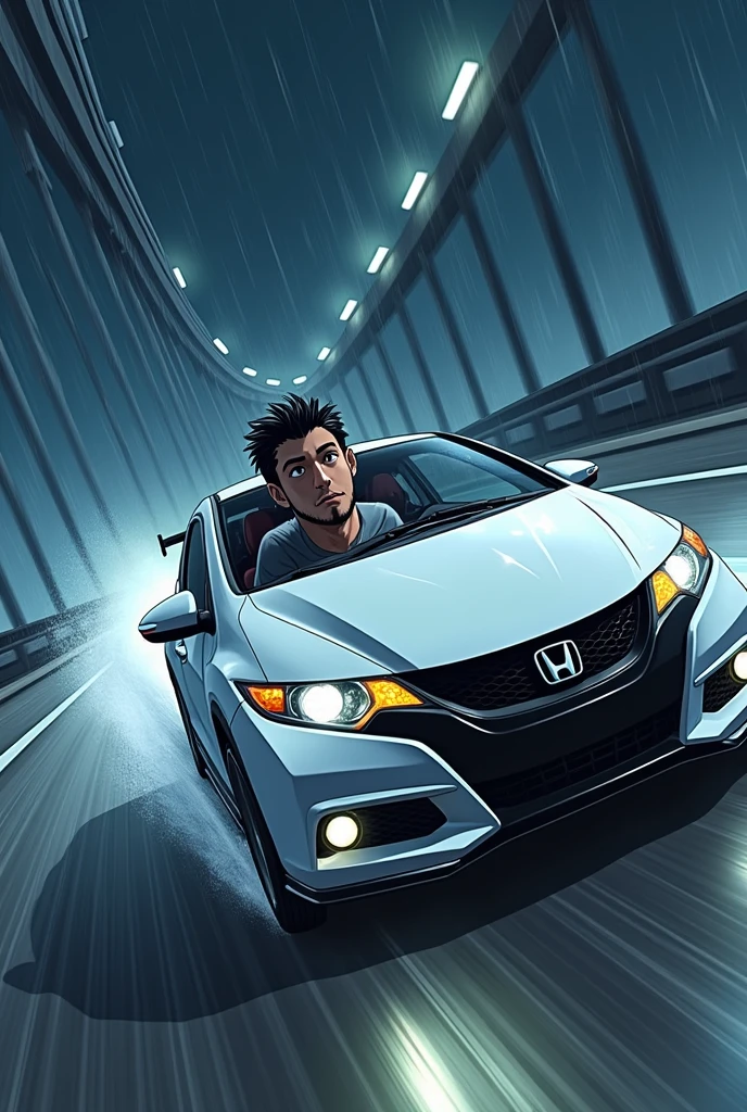 Anime style image of a boy with a black beard speeding in a low-slung white 2014 Civic on a bridge on a rainy night 
