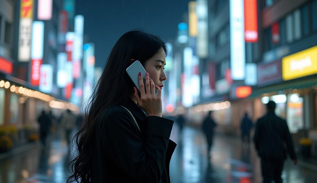 Asian woman 30 years old long black hair talking on a cell phone walking sideways profile on the streets of Tokyo at night in the rain wearing black clothes