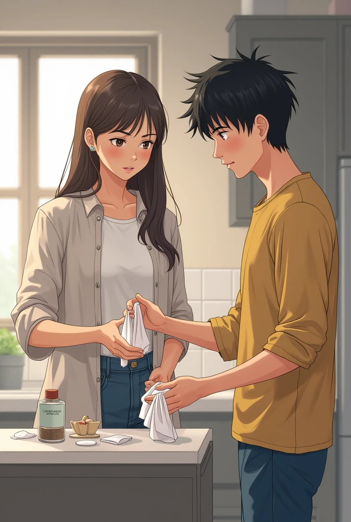 Then he throws away the handkerchief without having washed his hands., The girl tells him that he has to wash his hands (the same characters that you just showed me)