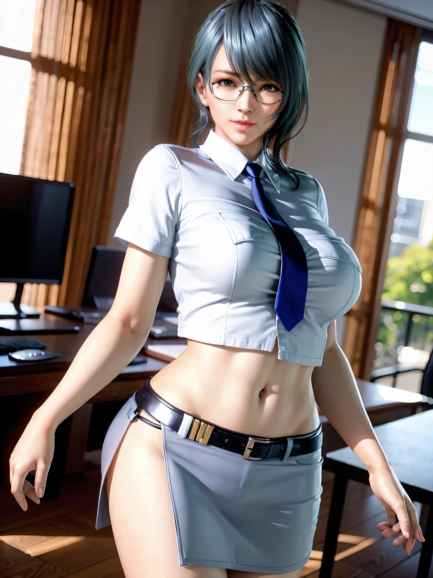 in the office, secretary, shirts, tie, pencil skirt, glasses, exuding sexiness and professionalism, confident and alluring, sophisticated workplace ambiance,masterpiece, best quality, high resolution, 4k, ultra high resolution, highly detailed, highly detailed, beautiful eyes, beautiful hair, beautiful side, beautiful skin,good hands,shiny skin,curvy,large breats,tamaki,Cosmic eyes