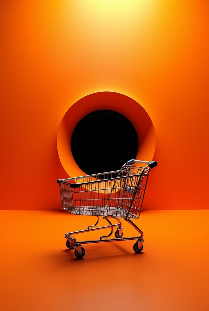 A place with an orange theme color, a shopping cart in the center and inside the shopping cart a black hole.