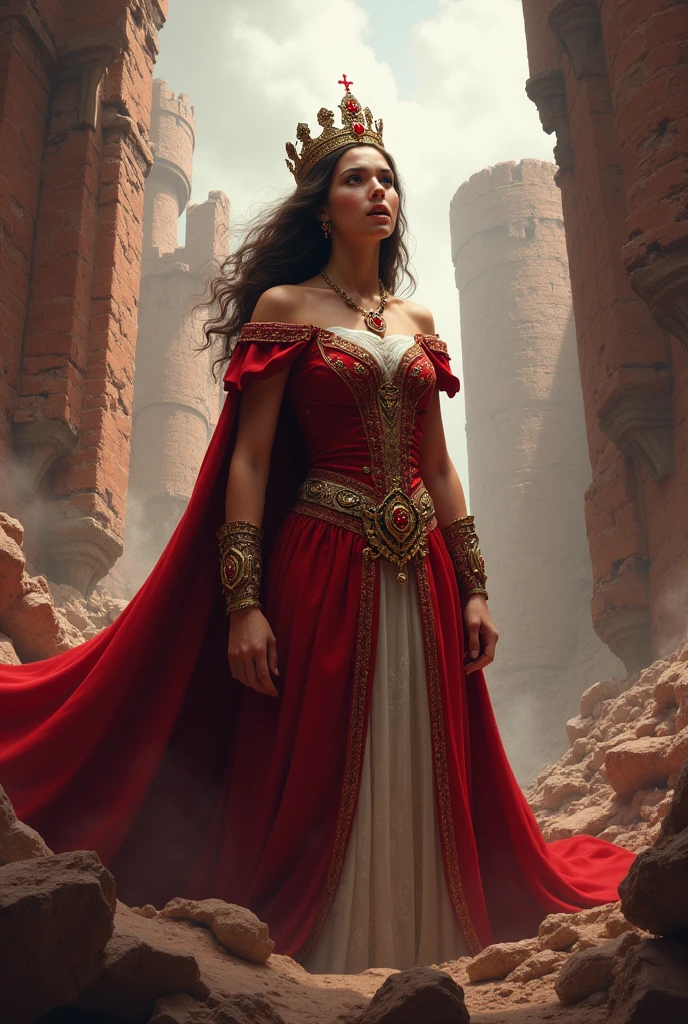 A brunette teenage duchess shouting to the people in a destroyed red castle with a ruby crown